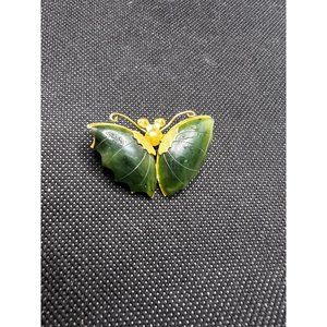 Vintage Faux Jade Gold butterfly pin brooch